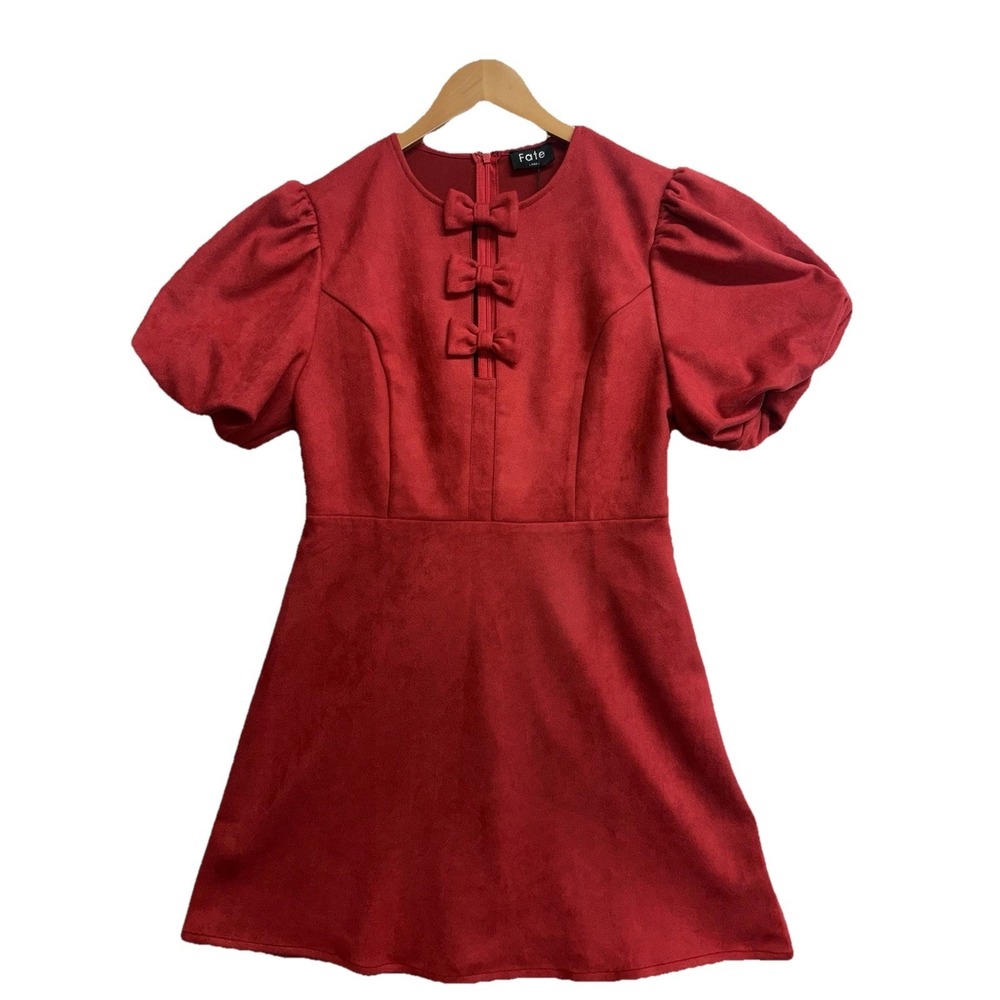 Fate Women's Red Bow Front Puff Sleeve Mini Dress Size Large NWT